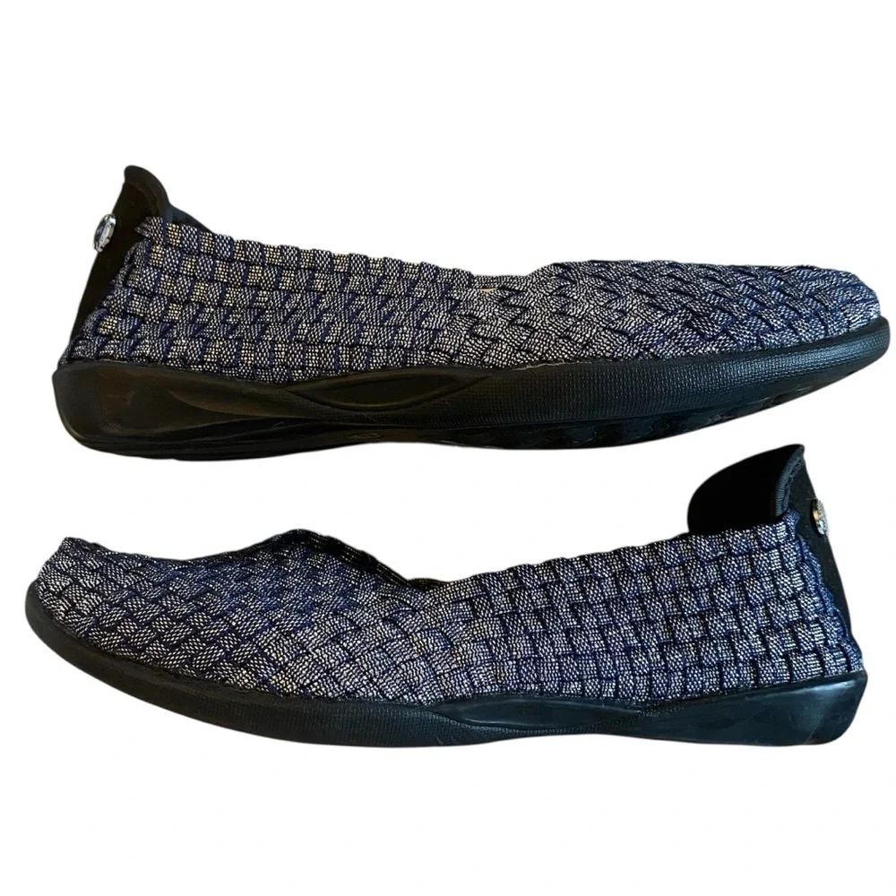 BERNIE MEV Catwalk Ballet Flats Woven Stretch Navy Shimmer Women US 6.5 EU 37
